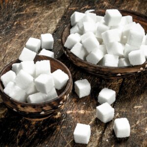 Cubes of sugar in a bowl.