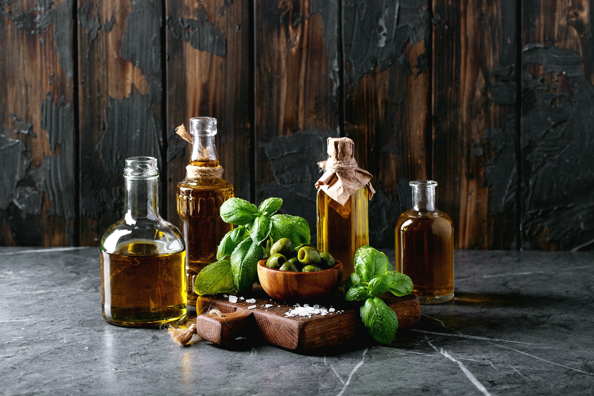 olive oil in glass bottles