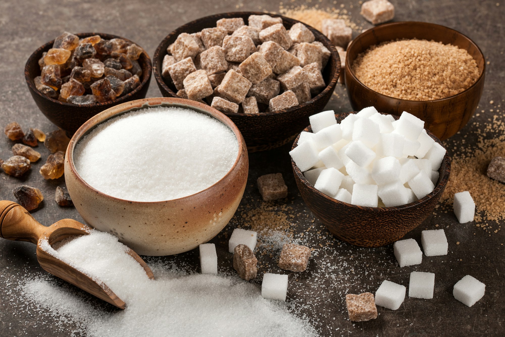 various sugar in bowls